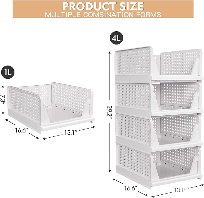 caktraie 4 Pack Stackable Closet Storage Basket - Stackable Storage Bins | Multifunctional & Foldable Closet Organizer Waterproof, Wardrobe Cupboard Space-Saving Storage Drawer Organizer - Image 3
