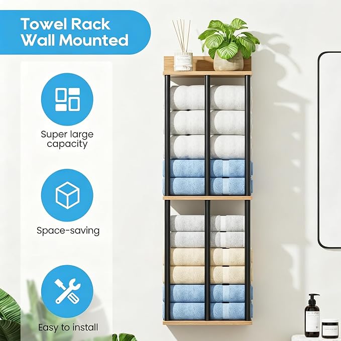 Towel Racks for Bathroom Wall Mounted with Wooden Storage Shelf - Image 3