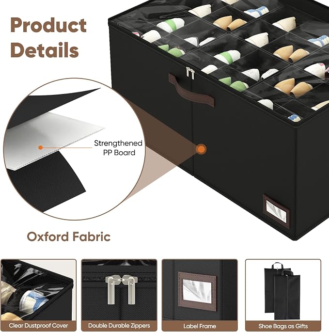 OIAHOMY 2 Pack Shoe Organizer for Closet, Large Foldable Shoe Storage Bins with Dividers and Reinforced Handles, Each Clear Cover Sneaker Box Fits Up to 24 Pairs for Entryway and Bedroom, Black - Image 5