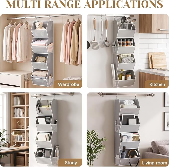 Hanging Closet Organizer 4 Shelf Collapsible Storage Grey Storage Bins - Image 7
