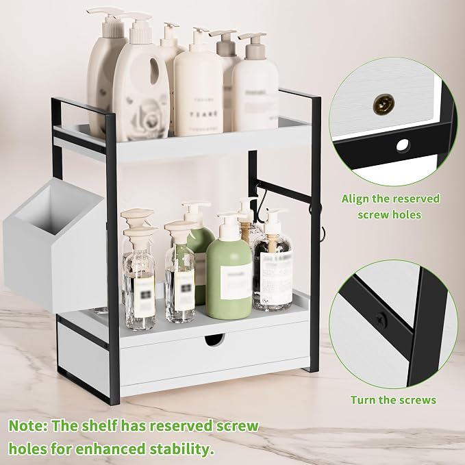 2-Tier Bathroom Counter Organizer, Wooden Vanity Shelf with Drawer & Basket - Image 4