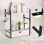 2-Tier Bathroom Counter Organizer, Wooden Vanity Shelf with Drawer & Basket - Image 4