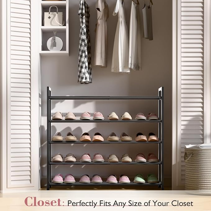 Bumusty 5 Tier Expandable Shoe Rack for Closet, Black | 18"-33" Adjustable Shoe Rack for Entryway, Small Shoe Organizer for Dorm, Front Door, Sturdy Metal - Image 2