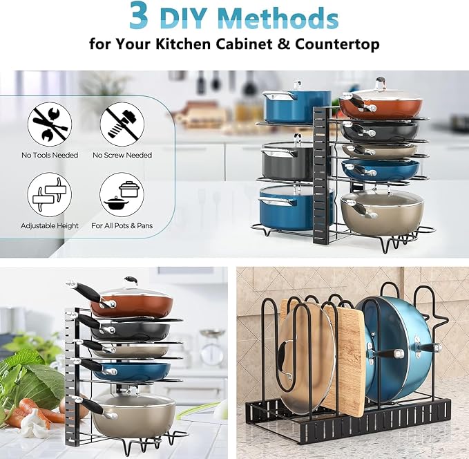 ORDORA Pots and Pans Organizer Under Cabinet 16.6" 8-Tier Adjustable 2-Pack - Image 3