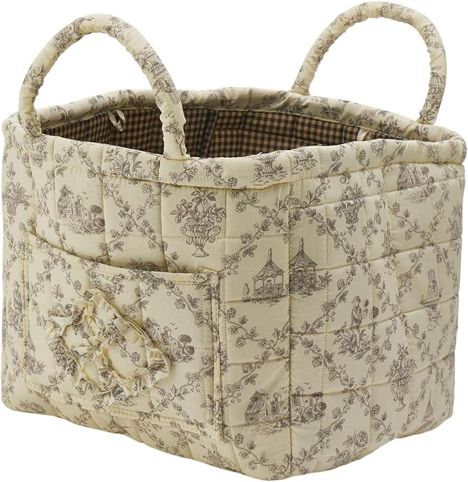 Quilted Fabric Storage Basket with Handles & Pocket, Foldable Laundry Hamper Boho Floral Print Organizer Bin for Home, Picnic, Office 12"x10"x10" (B-1) by Unknown