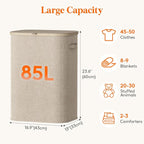 Lifewit 85L Large Laundry Basket with Lid, Laundry Hamper with Plastic Handles and Removable Bag, Foldable Tall Dirty Clothes Hampers for Laundry for Laundry Room, Bedroom, Bathroom, Dorm, Beige - Image 3