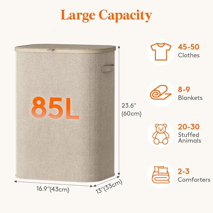 Lifewit 85L Large Laundry Basket with Lid, Laundry Hamper with Plastic Handles and Removable Bag, Foldable Tall Dirty Clothes Hampers for Laundry for Laundry Room, Bedroom, Bathroom, Dorm, Beige - Image 3
