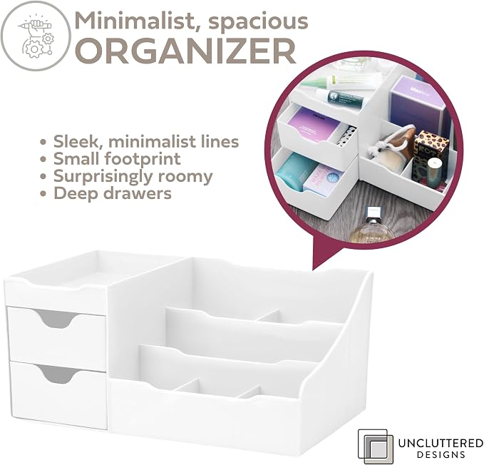 Uncluttered Designs Large Makeup Organizer for Vanity - Countertop Desk With Drawers for Cosmetic, Beauty, Hair, Nail, Perfume & Skincare - Perfect for Bathroom & Bedroom Storage (White) - Image 4