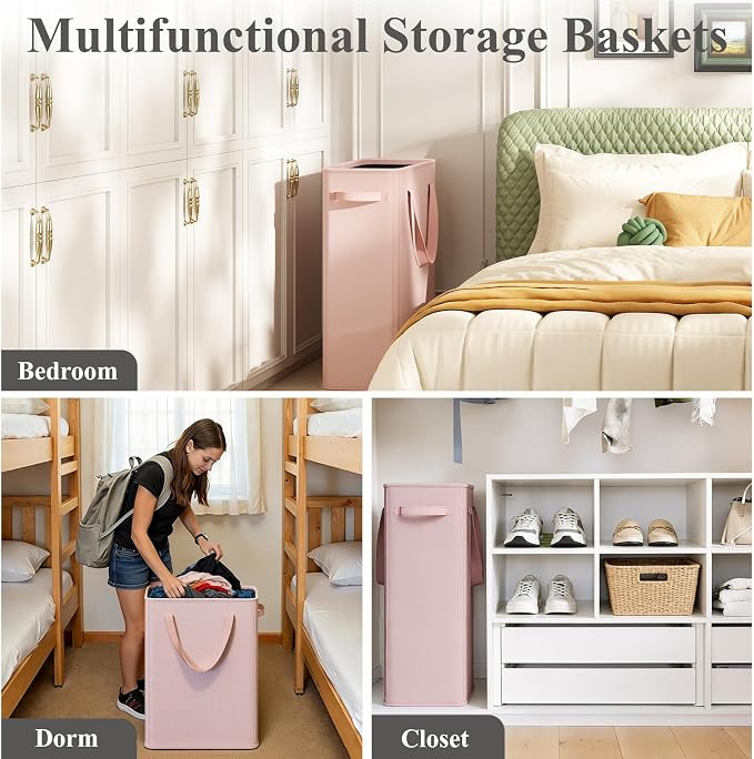 Optish 50L Pink Slim Laundry Hamper, Narrow Laundry Basket with Handles, Baby Girl Hamper for Nursery, Dorm, Bedroom, Living Room, Collapsible Laundry Basket - Image 7