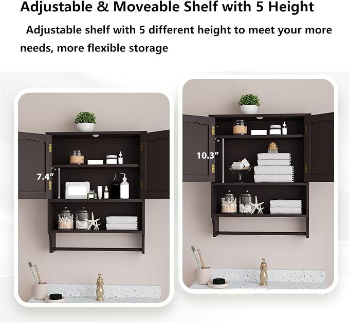 Bathroom Cabinet, Bathroom Wall Cabinet with 2 Doors and Adjustable Shelf, Wooden Medicine Cabinets Wall Mount, Over the Toilet Storage - Image 4