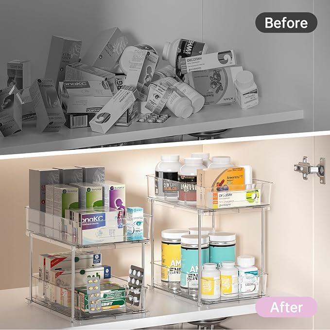 Delamu 2 Tier Under Sink Organizer Bathroom, Bathroom Cabinet Organizer with Snap-Lock Design and Hooks, Pull Out Storage with Movable Dividers, for Countertop, Kitchen and Pantry (Clear, 4 Pack) - Image 5