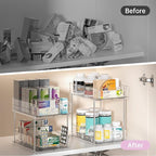 Delamu 2 Tier Under Sink Organizer Bathroom, Bathroom Cabinet Organizer with Snap-Lock Design and Hooks, Pull Out Storage with Movable Dividers, for Countertop, Kitchen and Pantry (Clear, 4 Pack) - Image 5