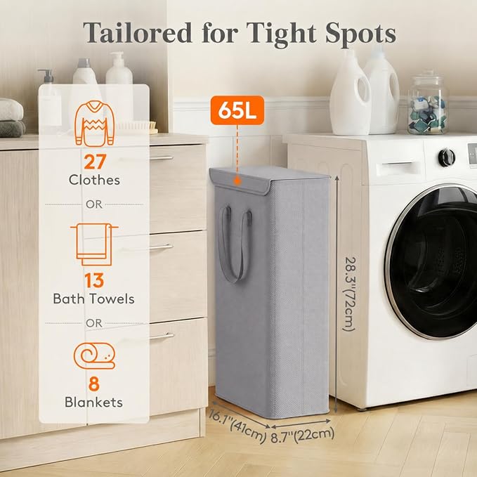 Lifewit 65L Laundry Basket with Lid and Long Handles, Grey - Image 2