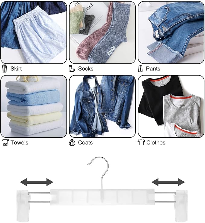 GUANJUNE Clothes Pants Hangers, Space-Saving Skirt Holders with 360 ° Swivel Hooks, Adjustable Clips, Trouser Hangers, Clothes Coat Garment Jeans Hangers (30 Pack, Transparent) - Image 4