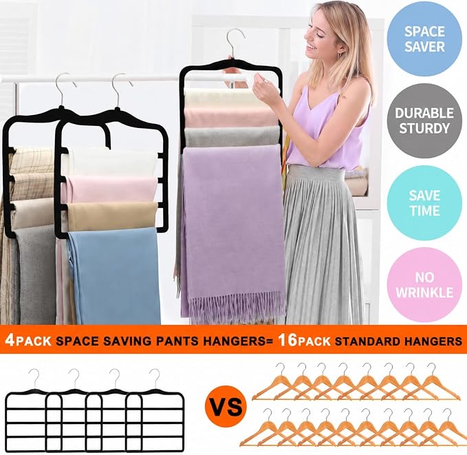4 Pack Space Saving Velvet Pants Hangers, Dorm Room Essentials, Non-Slip Multi-Tier Closet Organizer for Jeans & Slacks, Maximize Wardrobe Storage with Multi-Purpose Rack for Shorts, Scarves & Ties - Image 4