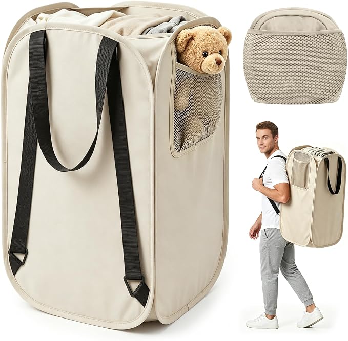 House Again 76L Laundry Backpack, 210D Oxford Heavy Duty Laundry Bag Backpack with Adjustable Shoulder Straps,Foldable Laundry Bag for College Dorm and Travel, Beige by HOUSEAGAIN