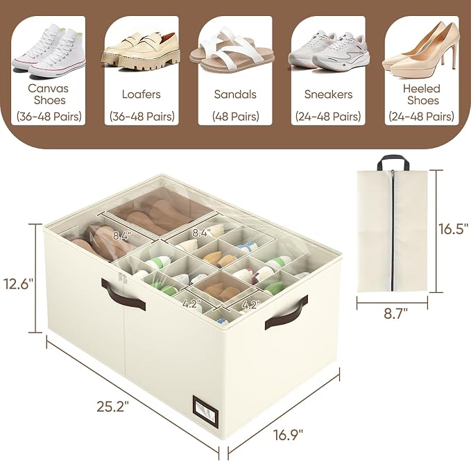 OIAHOMY 2 Pack Shoe Organizer for Closet, Large Foldable Shoe Storage Bins with Dividers and Reinforced Handles, Each Clear Cover Sneaker Box Fits Up to 24 Pairs for Entryway and Bedroom, Beige - Image 3