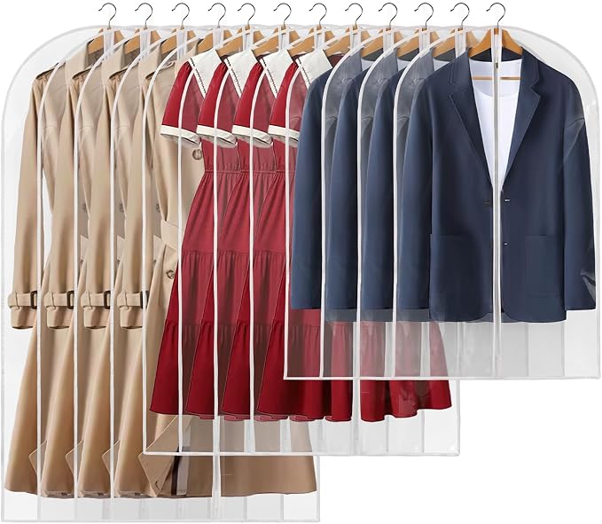 12 Packs All Clear Garment Bags for Hanging Clothes, Suit Bags for Closet Storage, Plastic Waterproof Suit Cover Bags with Zipper for Coats, Jackets, Dresses (24" x 40" & 48" & 55") by Perber