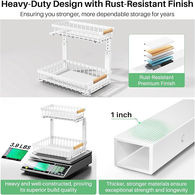 Kitstorack Under Sink Organizer, 2 Tier Under the Sink Storage, Slide out Pull out Cabinet Organizer Shelf, Metal Sliding Drawer for Kitchen Bathroom Pantry Closet Organization Rack, White, 2 Pack - Image 5