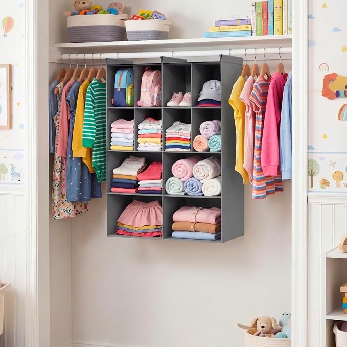 4 Tier Hanging Closet Organizer, 12 Compartments Dual Row Storage, Grey | Closet Organizers and Storage with Large & Small Cubbies, 3 Sturdy Hooks Support Heavy Loads, for Dorm, RV, Garment Rack - Image 2