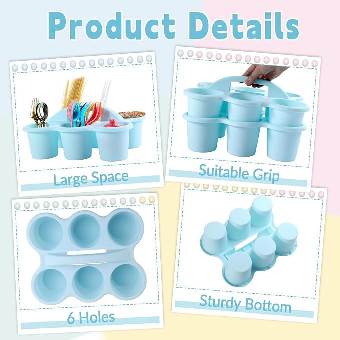 6 Pack Classroom Caddy Organizer with Handle, 6 Compartments, Light Blue - Image 3