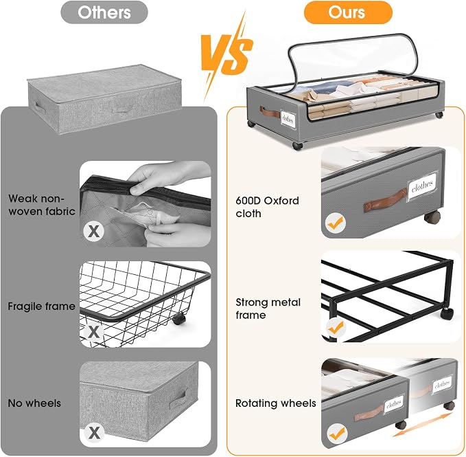Under Bed Storage with Wheels 2Pack Storage Containers with Clear Window | Under Bed Drawers Rolling Under Bed Storage for Clothes,Shoes, Blankets (30.71 x 16.93 x 6.69 in, Light Grey) - Image 5
