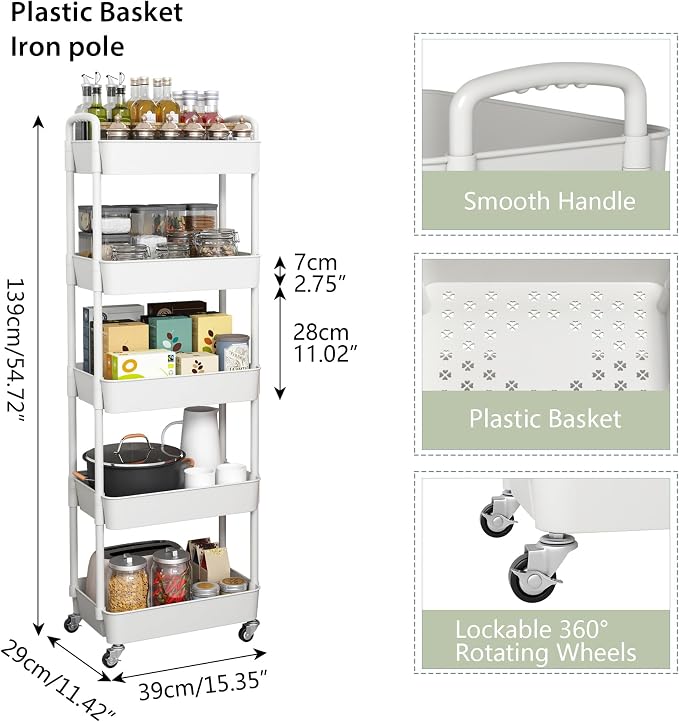 Sywhitta 5-Tier Plastic Rolling Utility Cart with Wheels for Storage,White - Image 3