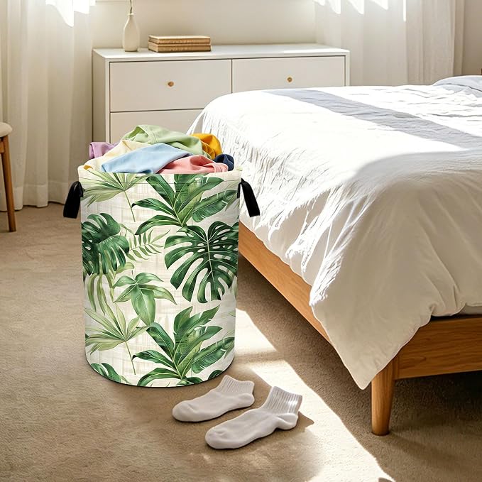 Tropical Palm Leaves Hawaiian Leaf Laundry Basket Foldable Laundry Hamper With Handles Clothes Storage Bucket Organizer Laundry Bag For Bedroom Bathroom Laundry Storage 19.6 x 15.7 - Image 6