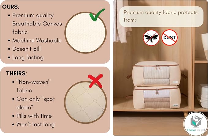 Chaos Cleared Canvas Storage Bags Designer Organizer for Clothing 2 Pack – Clothes Organizers for sweaters, clothing, garment, bedding, quilt, linens, large bag with zip & window, mothproof - Image 5