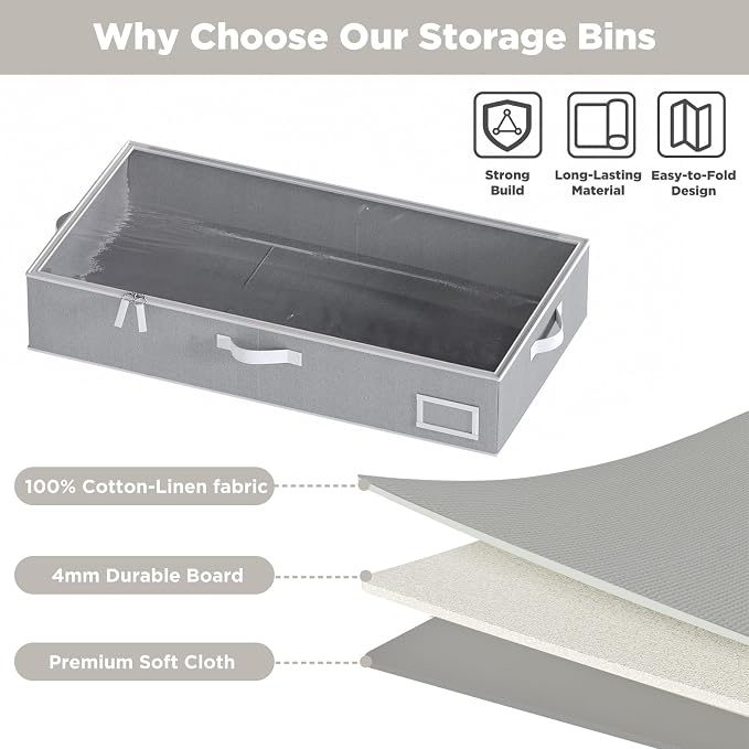 Under Bed Storage, Under Bed Storage Containers Bins for Clothes, Large Linen Underbed Closet Organization Bins, 2 Pack Collapsible Underbed Bin Dorm for Clothes, Sweater, Gray - Image 4