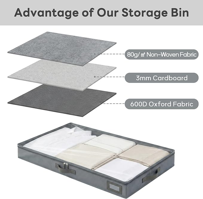 4" Low Profile Under Bed Storage Bins (3-Pack, Charcoal Grey), Slim 600D Oxford Organizer Containers with Matching Vegan Leather Handles & Clear Window, for Shoes, Clothing & Under-Sofa Storage - Image 4