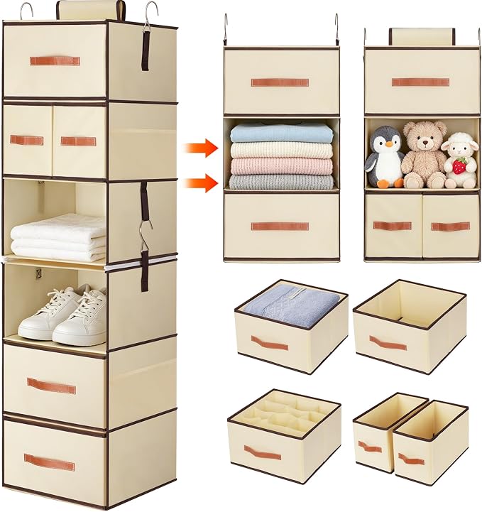 Hanging Closet Organizer 6-Shelf, Upgrade Closet Organizers and Storage with 5 Removable Drawers & 4 Side Pockets, Hanging Shelf Organizer for Closet or Garment Rack, 12.6'' x 12.6'' x 44.1'', Beige by LOVSTORAGE