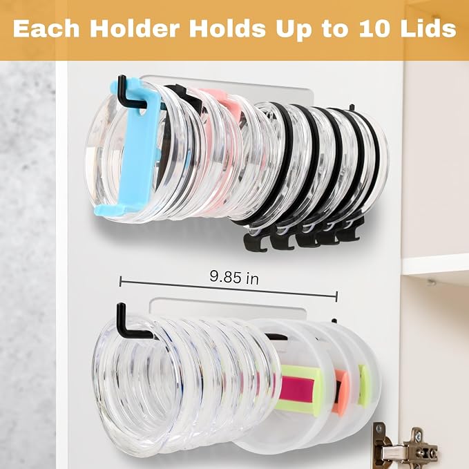 2 Pack Tumbler Lid Organizer, Over Cabinet Door Cup Lid Organizer, Self-Adhesive Tumbler Lid Hook, Tumbler Lid Holder for Kitchen Organizers and Storage - Image 4