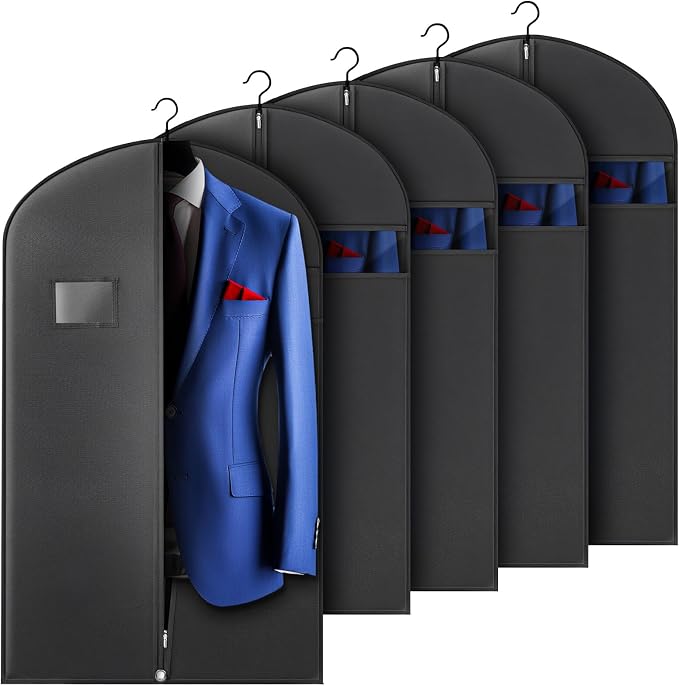 Hleelomi 5 Pack 40-inch Suit Bag Garment Bag for Travel and Storage, Garment Bags for Hanging Clothes with Zipper and Visible Transparent Window, Black by Hleelomi