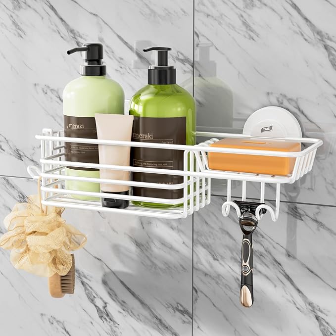 TAILI Shower Caddy Suction Cup with Hooks, No Drill Shower Shelf, White by TAILI