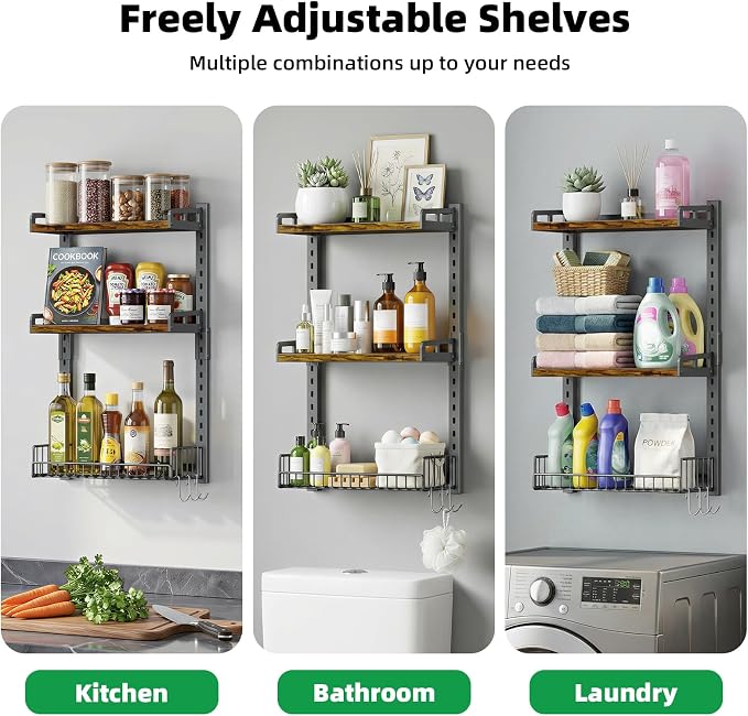 Kalrin 3 Tier Bathroom Shelves Over Toilet - Wall Mounted Floating Shelves with Drain Basket, Toilet Paper Storage, Height Adjustable Over The Toilet Storage, Vintage Brown - Image 7