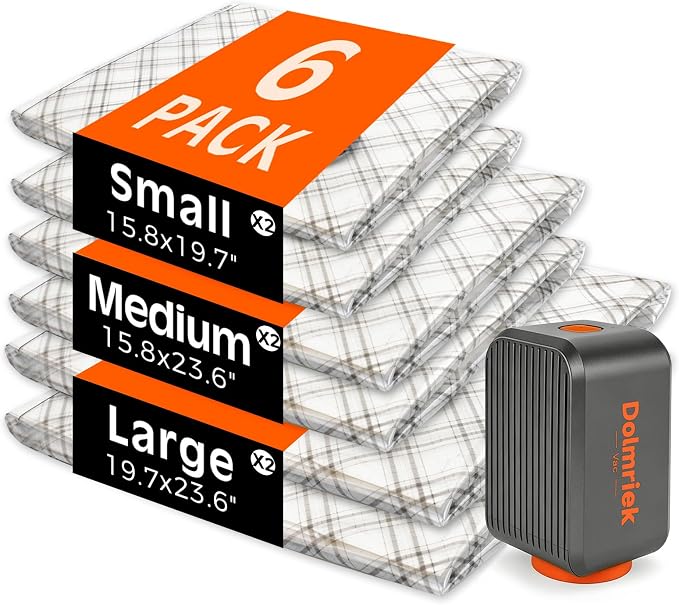 6-Pack Vacuum Seal Bags for Clothing Travel with Cordless Pump by DolmriekTravelVacuumBags