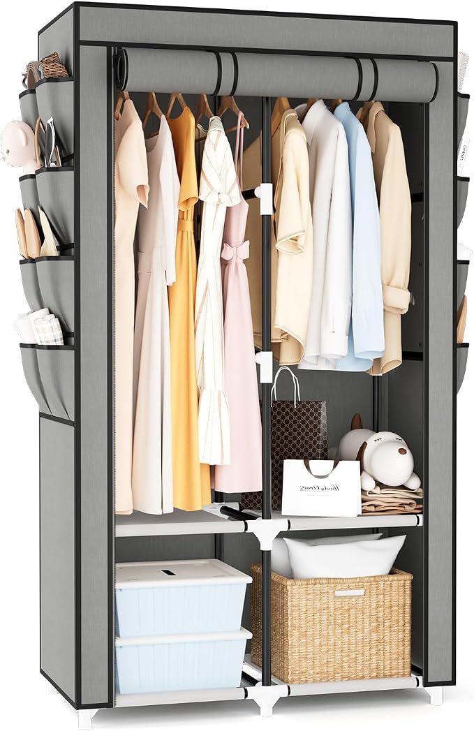 Portable Closet for Hanging Clothes, Portable Wardrobe Closet with Cover, 4 Storage Shelves, 2 Hanging Rods and 8 Side Pockets, Easy Assembly and Sturdy Free Standing Closet for Bedroom, Grey by BRFOYU