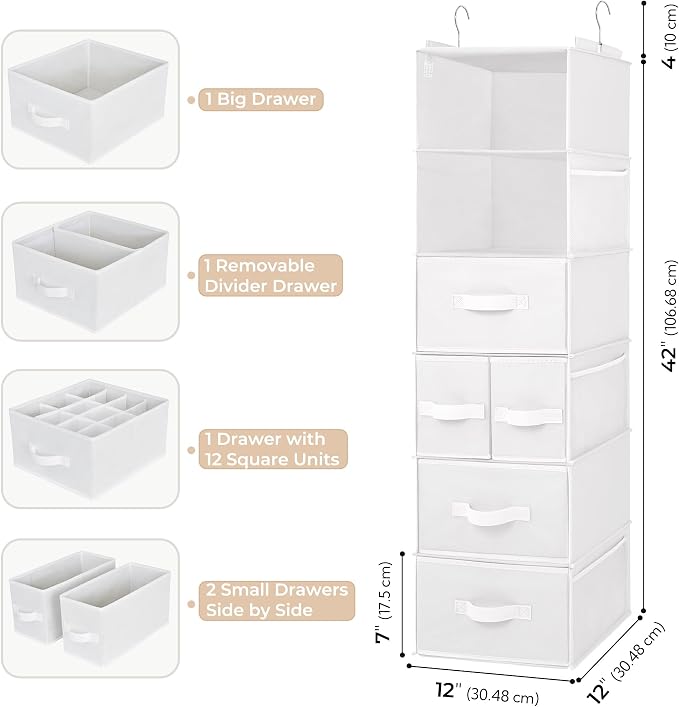 GRANNY SAYS Hanging Closet Organizer, 5 Drawers, 6 Shelves, 6 Pockets | Hanging Closet Organizer with 5 Different Drawer Designs, 6 Shelves & Reinforced Structure for Organized Small Space, Whites - Image 3