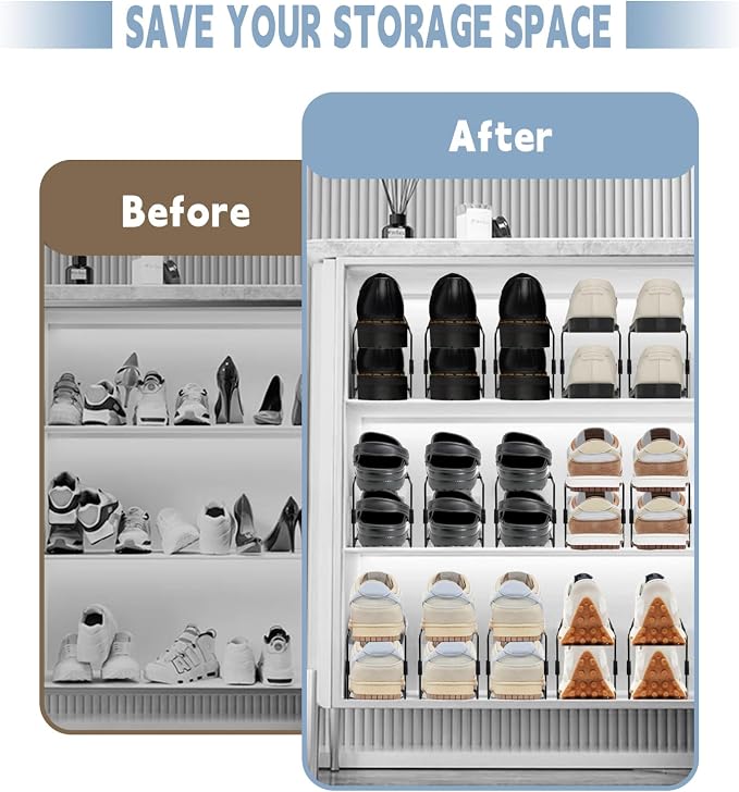 CiBiZi Shoe Slots Organizer 20Pack Metal Shoe Stackers for a Pair of Shoes Double Layer Shoe Holder Shoe Storage Closet Organizers Shoe Space Saver Organizador de Zapatos Black - Image 6