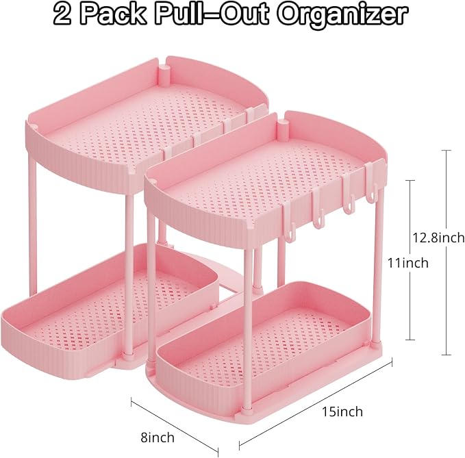 2 Packs Under Sink Pull-Out Storage Organizers, 12.8 Inches, Pink - Image 2