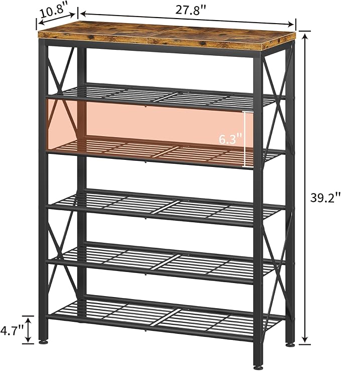 6-Tier Shoe Rack Organizer, Large Capacity Shoe Shelf with Metal Shelves, Holds up to 24 Pairs of Shoes, Shoe Storage for Entryway Closet Bedroom, Rustic Brown - Image 3
