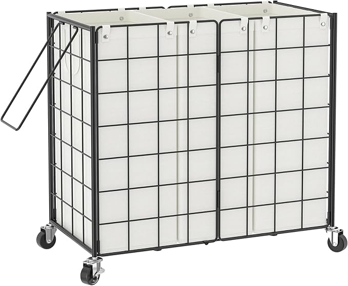WOWLIVE Laundry Basket 3 Section with Wheels, Metal Rolling Laundry Hamper by WOWLIVE