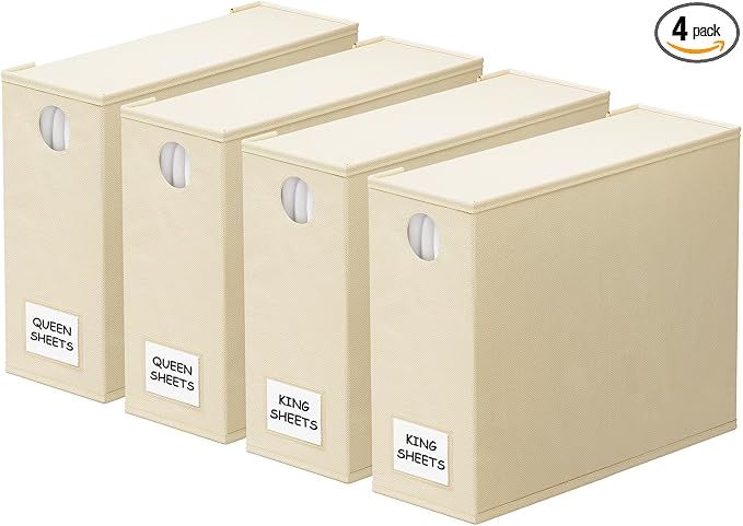 SpaceAid 4 Pack Bed Sheet Organizers and Storage, Foldable Sheet Organizer for Linen Closet, Sheets Set Folder Keeper with Window XL (Queen & King Size) Organizing Bedding Container, Beige by SpaceAid