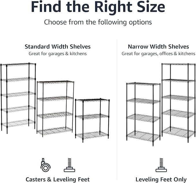 Amazon Basics 5-Shelf Heavy Duty Garage Shelving Storage Rack with 4" Wheel Casters, Adjustable Metal Wire Organizer, 300 lbs Per Shelf, 30" x 14" x 64.75", Black - Image 6