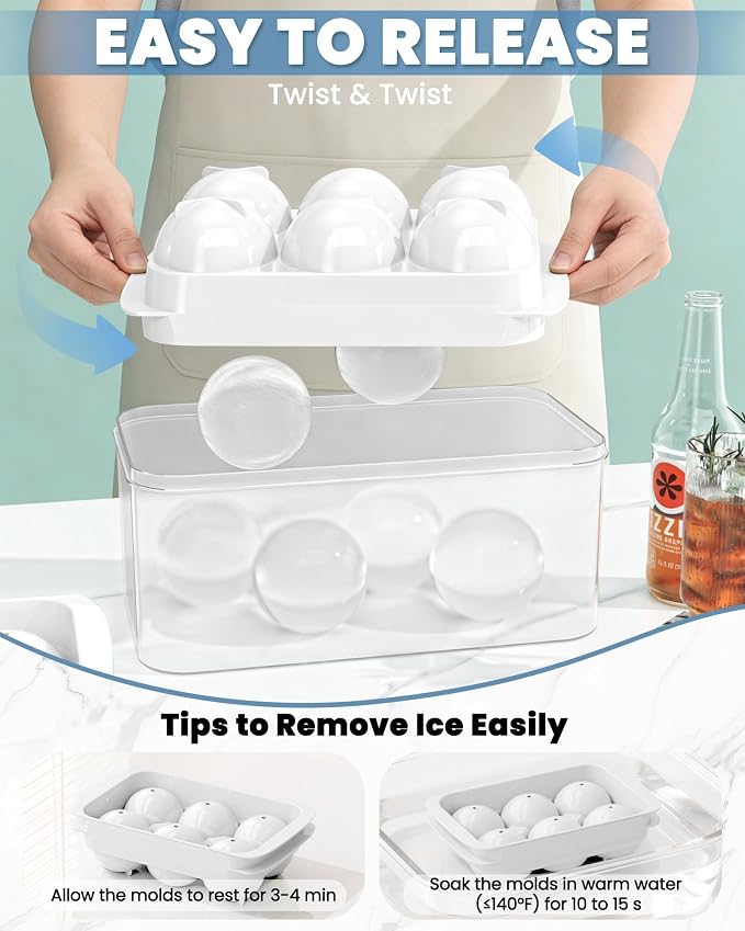 Large Ice Cube Tray for Freezer - 2 Pack Stackable Round Ice Cube Molds Set, Easy to Fill & Release with Storage Bin and Tongs for Kitchen, Party, Cocktail & Coffee, Gifts for Whiskey Lover (1.93In) - Image 3