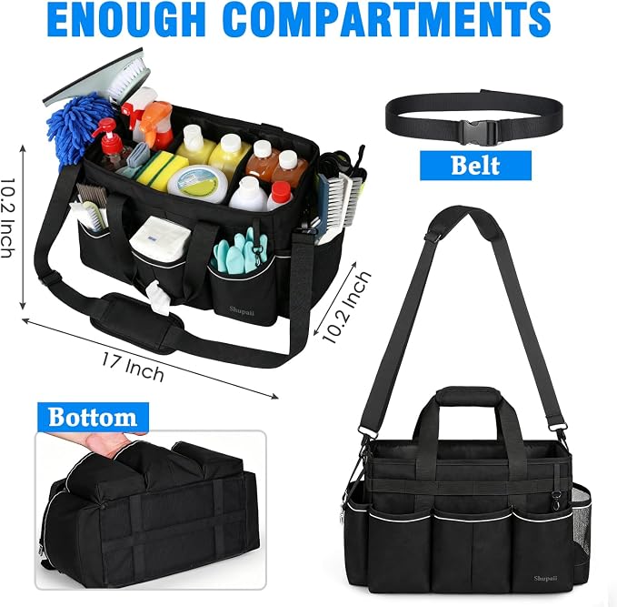 Extra Large Cleaning Caddy Bag with 4 Foldable Dividers, Wearable Cleaning Caddy Organizer with Handle & Shoulder Strap & Waist Strap, Housekeeping Tote for Cleaners, Black - Image 2