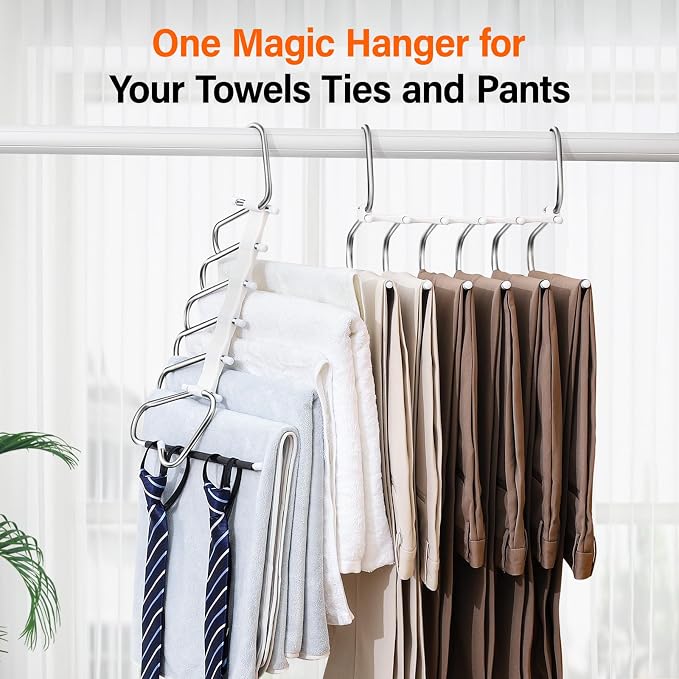Upgraded Collapsible Pants Hangers Space Saving, 6 Layers Clothes Rack, Stainless Steel Multifunctional Closet Organizer, Non Slip Metal Hangers for Pants Jeans Skirts Trousers (2 Pack) - Image 6