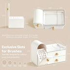 HBlife Makeup Organizer Countertop with Drawers, Vanity Organizers with Brush Holder, Bathroom Counter Organizer for Perfume, Nail Polishes, Lipsticks, Skincare and Eyeshadow Palettes, White and Gold - Image 3
