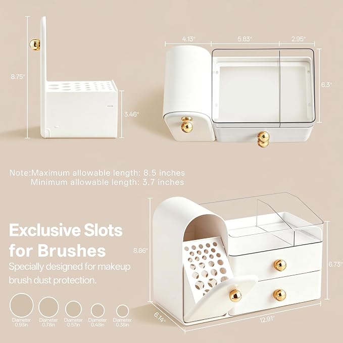 HBlife Makeup Organizer Countertop with Drawers, Vanity Organizers with Brush Holder, Bathroom Counter Organizer for Perfume, Nail Polishes, Lipsticks, Skincare and Eyeshadow Palettes, White and Gold - Image 3